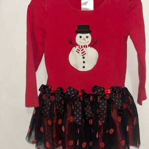 Bonnie Jean Red Snowman Dress with Black Tulle Skirt